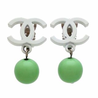 Authentic Vintage Chanel Earrings White Cc Logo Green Ball Dangle Ea2494