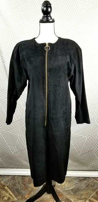 Vtg 80s 90s Margaret Godfrey Suede Leather Dress Size 12 Pockets Long Sleeve Zip