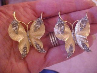2 Vtg Alfred Philippe Crown Trifari Gold Tone Rhinestone Butterfly Pin Brooch