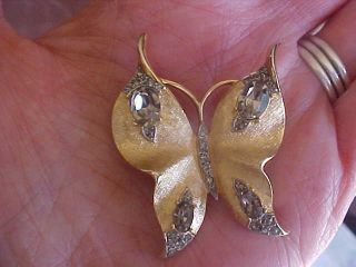 2 Vtg Alfred Philippe Crown Trifari Gold Tone Rhinestone Butterfly Pin Brooch 5