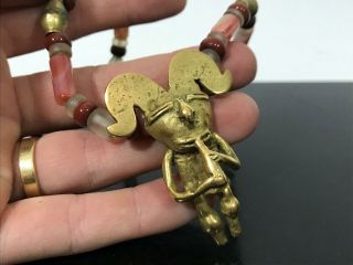 Vtg Pre - Columbian Mayan Style Man Figural Gold Tone Stone Beaded Strand Necklace