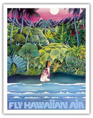 Hawaiian Air Beach Wahine Vintage Airline Travel Art Poster Print Giclee