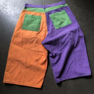 Men ' s Vintage Cross Colours Color Block Green Purple Orange Jean Shorts Sz 34 5