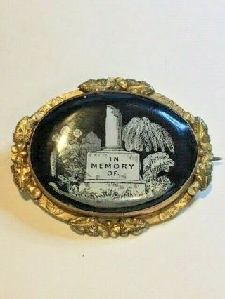 Unique Antique Gold Victorian Oval ‘in Memory Of’ Enamel Mourning Pin Brooch