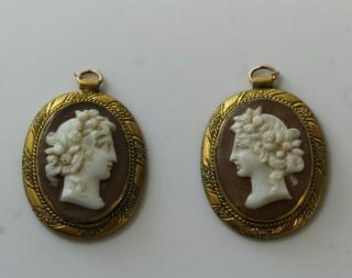Pair Antique 19thc Victorian Carved Shell Gold Filled Cameos