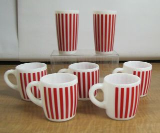 Hazel Atlas Vintage Candy Red Striped Milk Glass Tumblers (2) And Mugs (5)