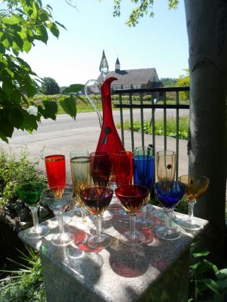 Vintage Italy Bohemian Decanter Wine Glasses Red Blue Flame Gold Twisted Stem
