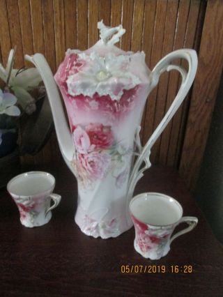 Antique Vintage Rs Prussia Red Mark Coffee Pot,  W/ 2 Cups,  Carnation Mold 526