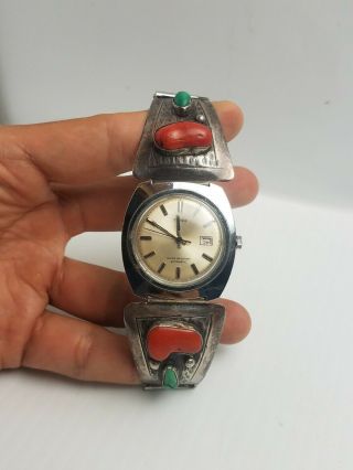 Vintage Navajo Sterling Silver Red Coral Self Wind Timex Watch Band Tip Old Pawn