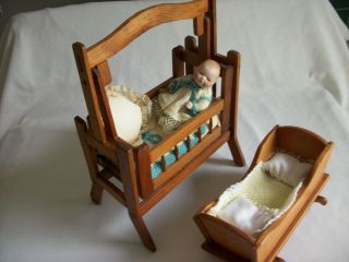 Vintage Bye Lo Baby Porcelain Doll With 2 Handmade Cradles & Bedding