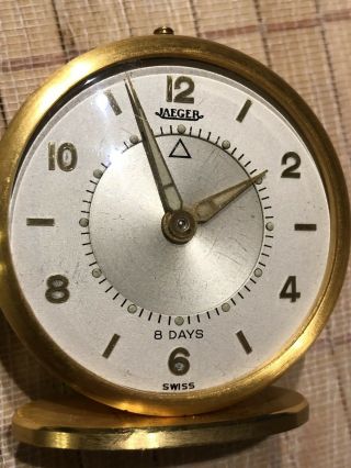 Vintage Jaeger Lecoultre 8 Days Alarm Travel Clock Memovox Brushed Gold -