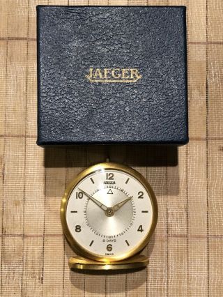 Vintage Jaeger Lecoultre 8 days Alarm Travel Clock Memovox Brushed Gold - 2