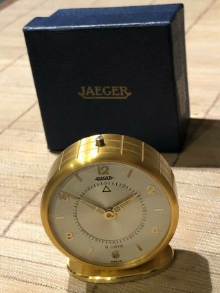 Vintage Jaeger Lecoultre 8 days Alarm Travel Clock Memovox Brushed Gold - 3