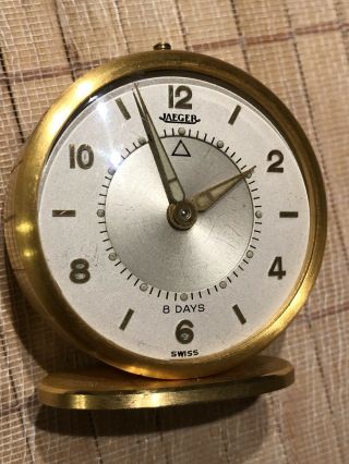 Vintage Jaeger Lecoultre 8 days Alarm Travel Clock Memovox Brushed Gold - 5