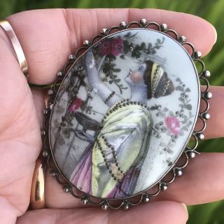 Antique Victorian /edwardian Sterling Silver /porcelain Nouveau Lady Brooch /pin