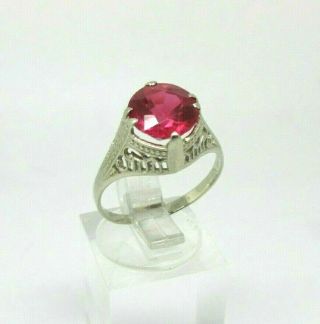 Antique Ladies Art Deco 14 K White Gold Synthetic Ruby Ring - 6 1/2 -