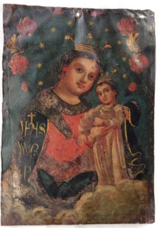 Vintage Mexican Virgin Mary & Jesus Retablo On Tin Religious Art 6 - 7/8 " X 9 - 3/4 "