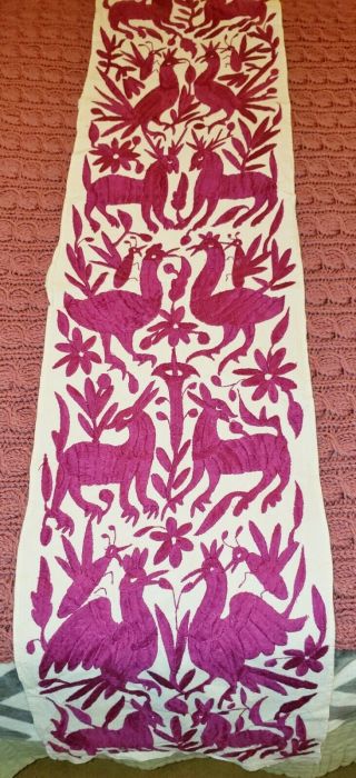 Vtg MExican Otomi embroidered table runner fuschia deer birds pre - owned 15x72 3