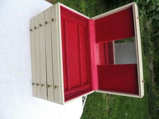Vintage Large Cream Leatherette Covered Jewelry Box Red Crushed Velvet 3