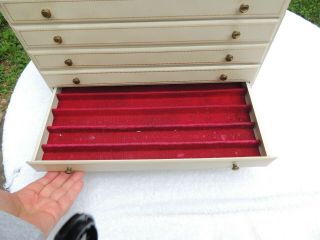 Vintage Large Cream Leatherette Covered Jewelry Box Red Crushed Velvet 8