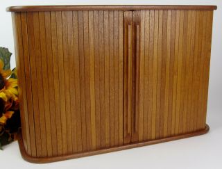 Vintage Solid Teak Wood Tambour Sliding Doors Floating Wall Hanging Cd Cabinet