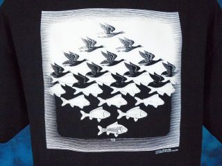 Vtg 90s M.  C.  Escher Sky & Water Art T - Shirt L/xl Bird Fish Illusion Hip Hop Mc