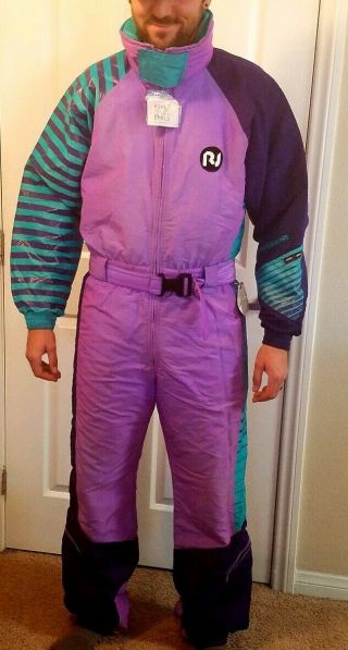 Vtg 80s 90s Roffe Colorblock Mens Large One Piece Ski Suit Snowsuit Teal Purple