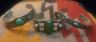 3 Vintage Green Turquoise Silver Native American Old Pawn Bracelets