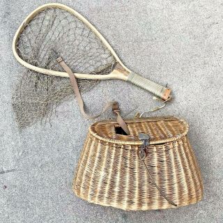 Antique Wicker Fishing Fish Creel Basket W Net 1900s Perfectly Aged Wow