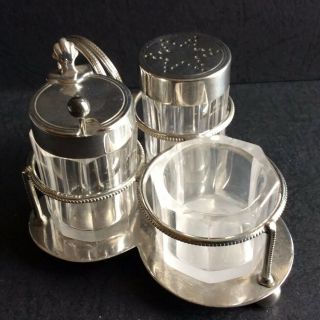 Victorian (1882) Sterling Silver & Glass Three - Piece Cruet Set