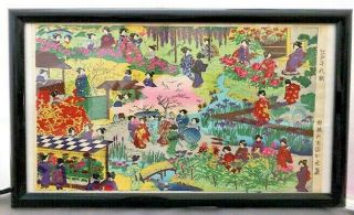 Vintage Japanese Wood Block Print With Kimono Ladies In Garden
