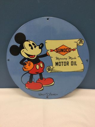 Vtg Sunoco Motor Oil Disney Mickey Mouse Advertising Porcelain Pump Plate Sign