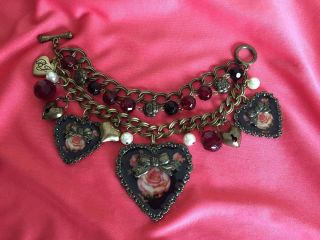 Betsey Johnson Vintage Think Of Me Victorian Rose Cameo Black Heart Bracelet