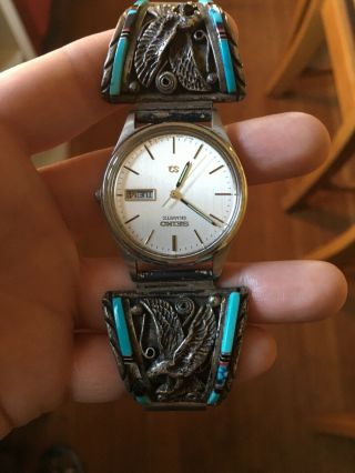 Mens Vintage Native American Turquoise Watch Zuni Inlay Seiko Sterling Silver
