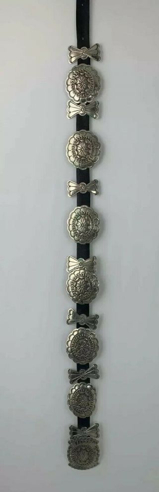 Vtg Native American Alpaca Silver Concho Belt Signed Hand Stamped Western 37”