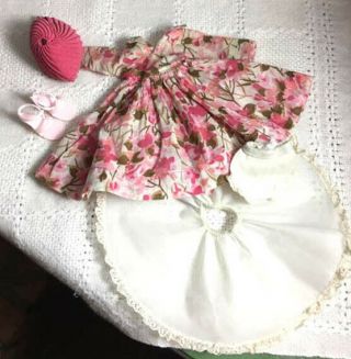 1958 Vintage Vogue Jill 3368 Pink Flower Print Dress W Hat Slip Panties Shoes