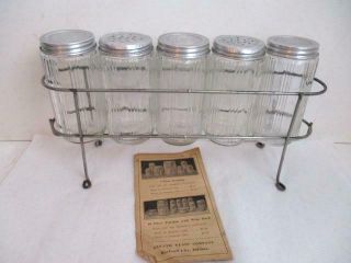 5 Vtg Hoosier Sellers Cabinet Spice Jars W/original Rack & Sellers Pamphlet