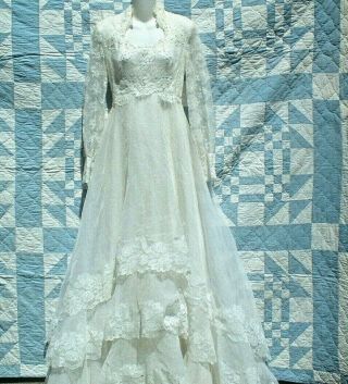 Vintage 60s Lovely Creamy White Chiffon & Lace Ruffled Wedding Dress Sz 10 Wow