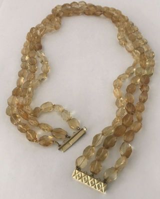 Vintage Natural Citrine 14k Yellow Gold And Diamond Triple Strand Bead Necklace
