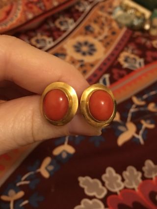 Vintage 18k Gold Salmon Coral Earrings Victorian Antique Oxblood