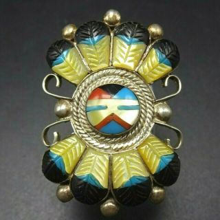 Vintage Zuni Sterling Silver Turquoise Coral Jet Mop Sunface Inlay Ring Size 8.  5