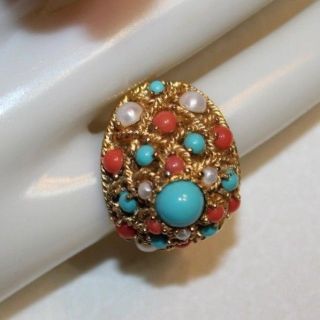 Striking Crown Trifari Signed Dome Shaped Ring With Coral,  Turquoise,  Faux Pearls