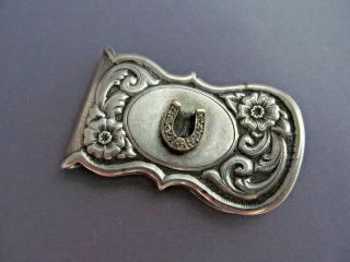 Vintage Gist Sterling & 10k Gold Diamond Horse Shoe Good Luck Flower Money Clip