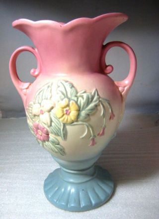 Vintage Hull Pottery Vase Pink With Blue And Yellow Flowers W14 10 " Tall