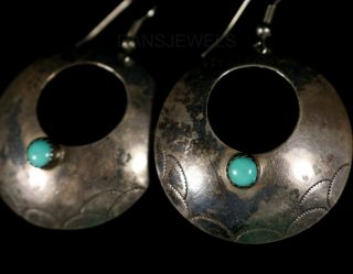 Vintage Old Pawn Navajo 1970s Sterling Silver Turquoise Circular Dangle Earrings