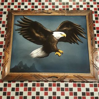 Vintage American Bald Eagle Velvet Painting Signed By David Ortiz Made In Mexico