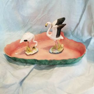 Will George Flamingo Pond & 2 Vintage Norcrest Flamingos