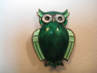 Vtg David - Andersen Sterling Silver & Green Guilloche Enamel Owl Brooch - Norway
