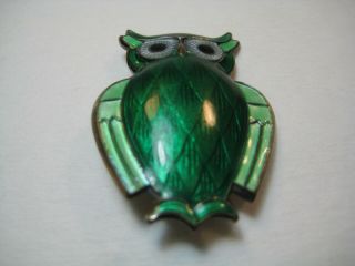 Vtg David - Andersen Sterling Silver & Green Guilloche Enamel Owl Brooch - Norway 2