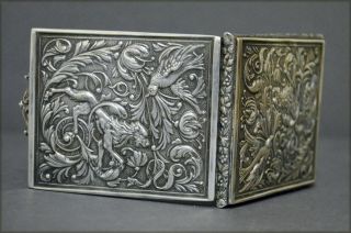 Decorative Marked Spanish Solid Silver Cigarette Case Lions Birds Tobacciana